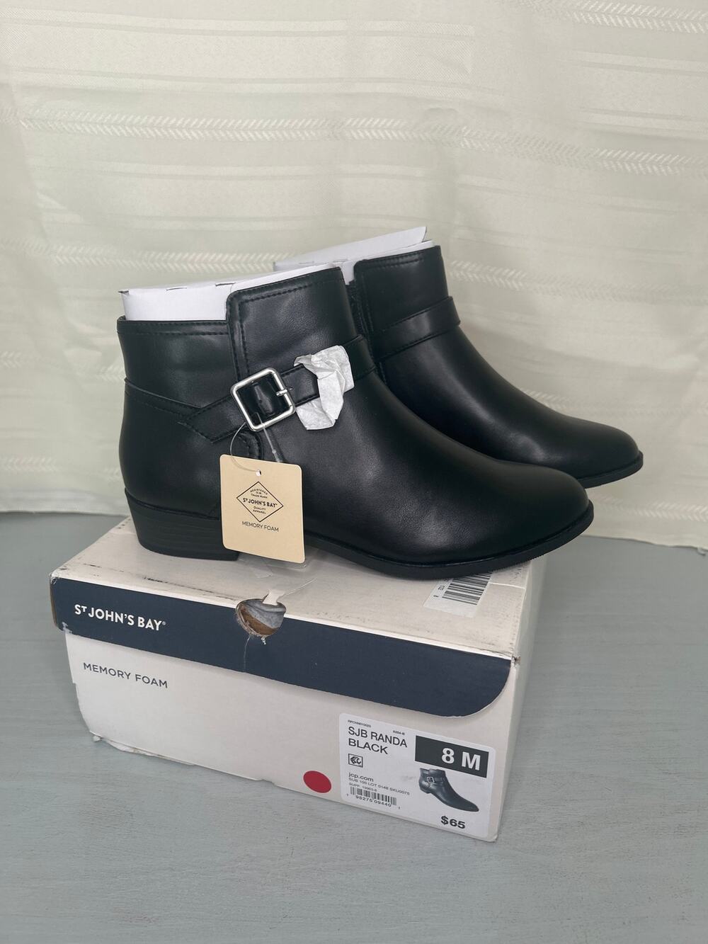 St. John's Bay Randa Flat Block Heel Bootie Black Faux Leather Size 8M